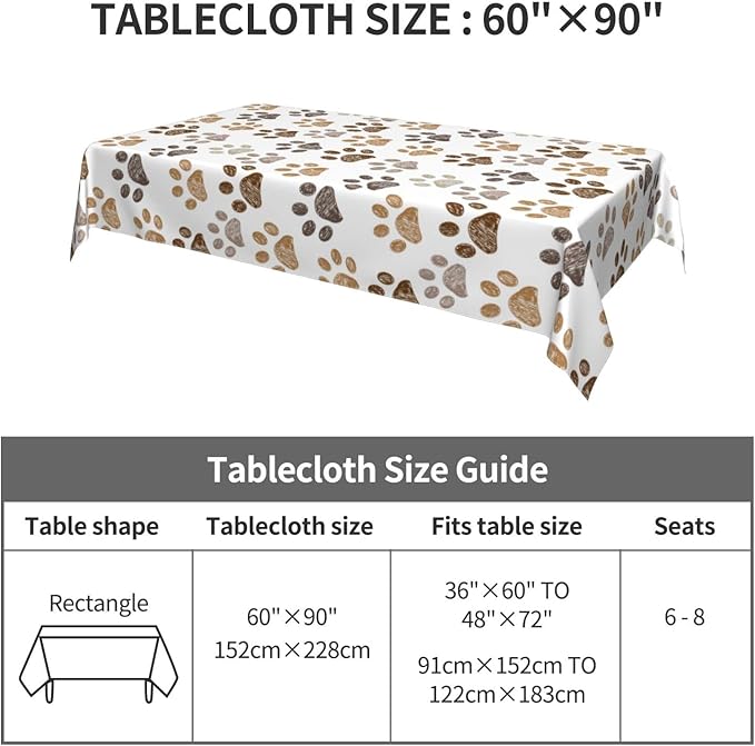 Worltoldb Dog Paw Print Tablecloths - Polyester Rectangular Table Cover - 90" x 60" - White - Animal Print, Formal - All-Season - Water Resistant, Durable - Wedding
