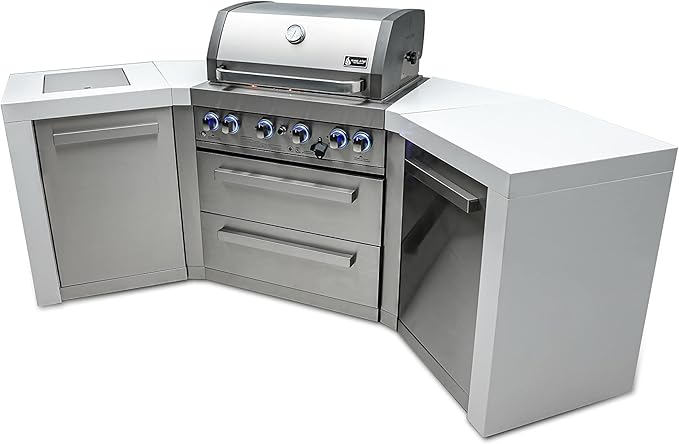 Mont Alpi MAi400-D45 32-Inch Deluxe 45-Degree 4-Burner 78000 BTU Deluxe Stainless Steel Island Outdoor Kitchen Gas Barbecue Island Grill with Ceramic Infrared Side & Rear Burners + Granite Countertops