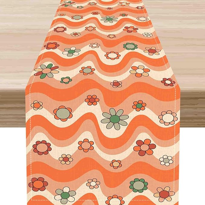 70s Table Runner, Retro Groovy Hippie Daisy Floral Orange Wave Funky Trippy Coffee Table Center Decor for Home Kitchen Dining Patio Holiday Party Indoor Outdoor Table Decorations, 13"x108" Inch