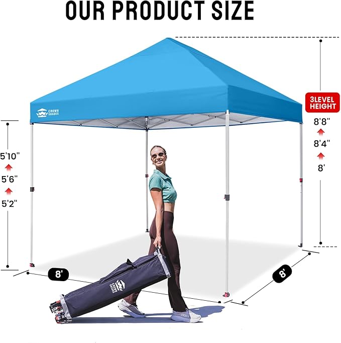 CROWN SHADES 8x8 Pop Up Canopy, Patented Center Lock One Push Instant Popup Outdoor Canopy Tent, Newly Designed Storage Bag, 8 Stakes, 4 Ropes, Silver-Coated Sky Blue