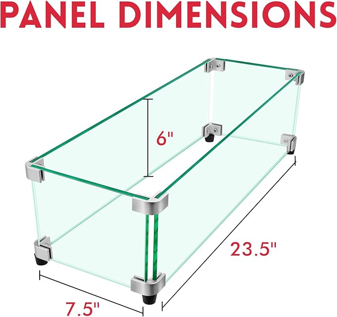 Fire Pit Wind Guard, 23.5" x 7.5" Square Tempered Glass Wind Shield for Firepit & Fire Table, Thick Glass and Easy Installation with Included Tools, Airflow Management for Stable Flame