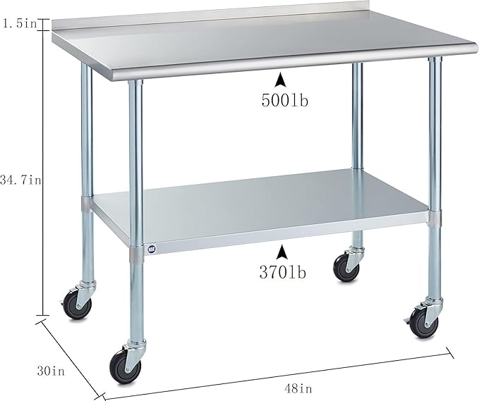 ROCKPOINT Stainless Steel Table for Prep & Work with Backsplash and Caster 30x48 Inches, NSF Metal Commercial Kitchen Table with Adjustable Under Shelf and Table Foot for Restaurant, Home and Hotel