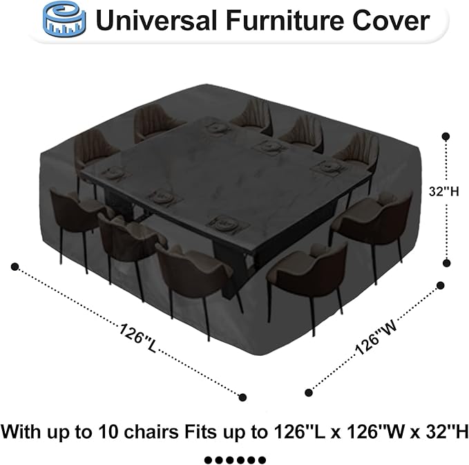 OutdoorLines Outdoor Waterproof Patio Table Furniture Set Covers - Rectangle Couch Sectional Cover Outside Weatherproof Patio Furniture Covering for Deck, Lawn and Backyard 126"L x 126"W x 32"H, Black