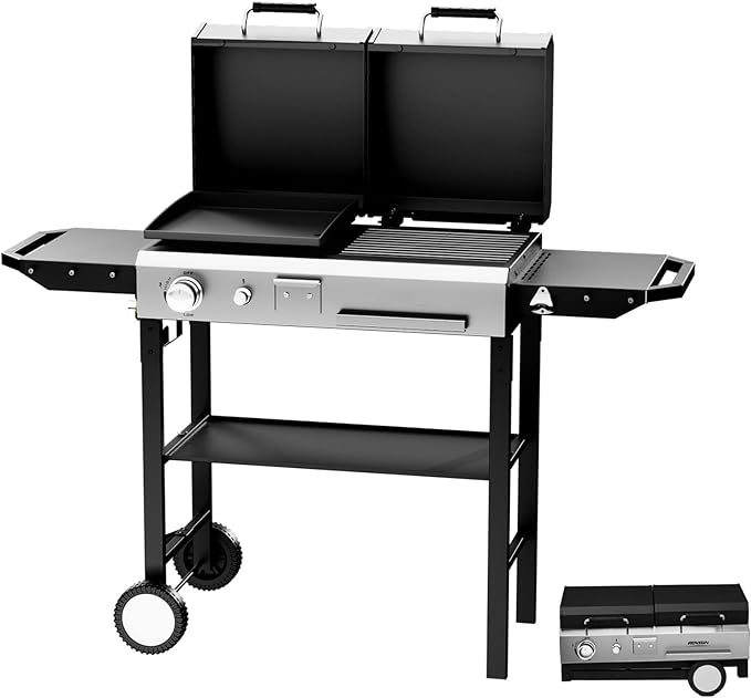 Bonnlo Propane Flat Top Griddle and Charcoal Grill Combo with Lid, Powerful 12,000 BTU Grills with Side Shelves & Foldable Legs, 4 Burners Grill with Movable Wheels for Outdoor BBQ Camping Use