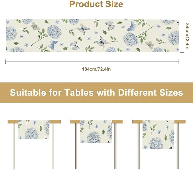 Spring Hydrangea Table Runner, Summer Moth Watercolor Sky Blue Butterfly Flowers Rustic Farmhouse Garden Print Table Cover for Kitchen Dining Room Table Home Party Decor,13x90inch