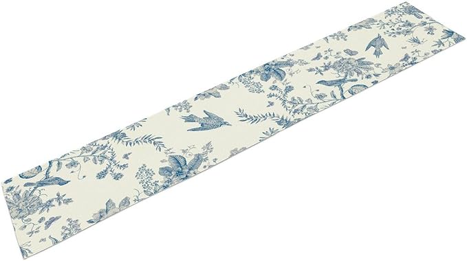 Spring Flower Table Runner, Farmhouse Vintage Blue White Floral Bird Print Table Runner for Kitchen Dining Table Party Wedding Decor, 13x108inch