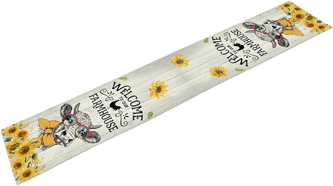 Farmhouse Cow Table Runner, Rustic Yellow Sunflower Floral Buffalo Animals Spring Coffee Farm Table Center Decor for Family Kitchen and Living Room Country Holiday Party Table Decorations, 13" X 108"