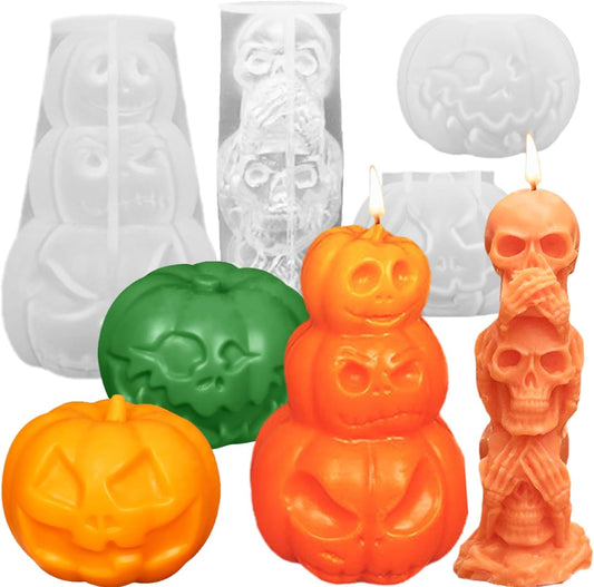 4Pcs Halloween Ghost Candle Silicone Molds Set, DIY 3D Halloween Pumpkin Skull Candle Making Wax Moulds Gypsum Ornament Resin Soap Molds Casting Art Home Decor