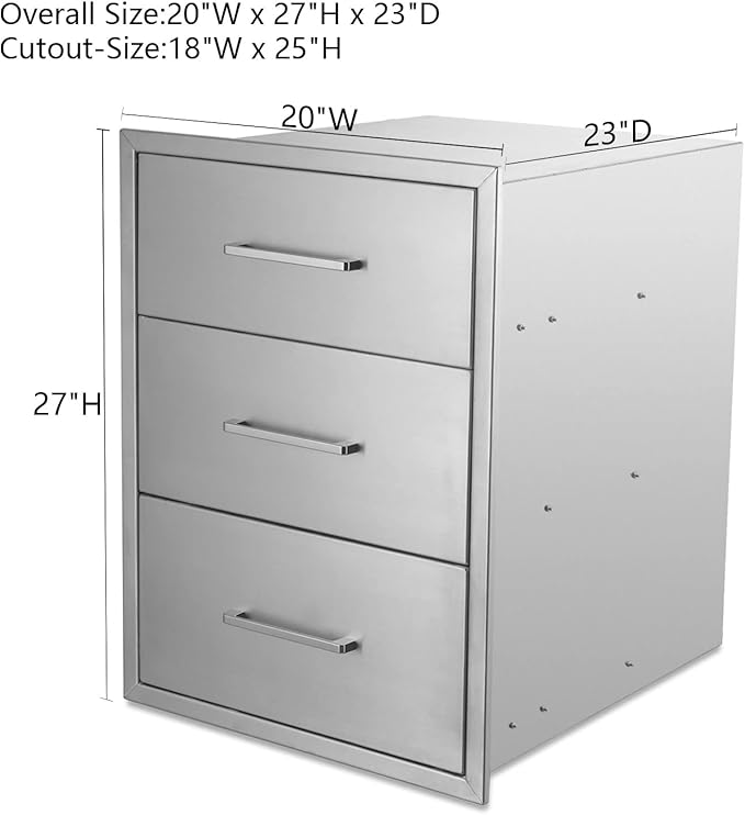 20" W x 27" H x 23" D Stainless Steel Outdoor Kitchen Drawers BBQ Drawers Triple Access Drawers Flush Mount for Outdoor Kitchens Or BBQ Island