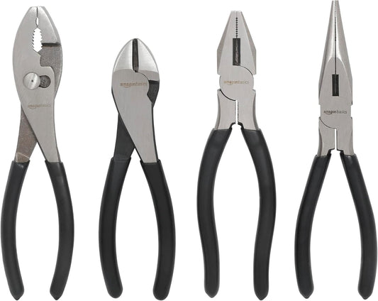 Amazon Basics Pliers Set, Hand Tools for Precision, Set of 4, Black and Silver