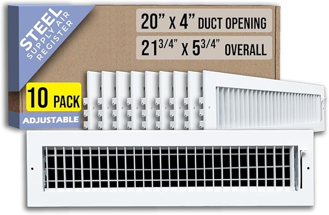 [10 Pack] Fits 20x4 Duct Opening Steel Adjustable Air Supply Grille by Handua | Register Vent Cover Grill for Sidewall and Ceiling | White | Out. Dim.: 21.75" X 5.75"