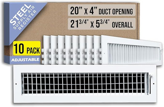 [10 Pack] Fits 20x4 Duct Opening Steel Adjustable Air Supply Grille by Handua | Register Vent Cover Grill for Sidewall and Ceiling | White | Out. Dim.: 21.75" X 5.75"