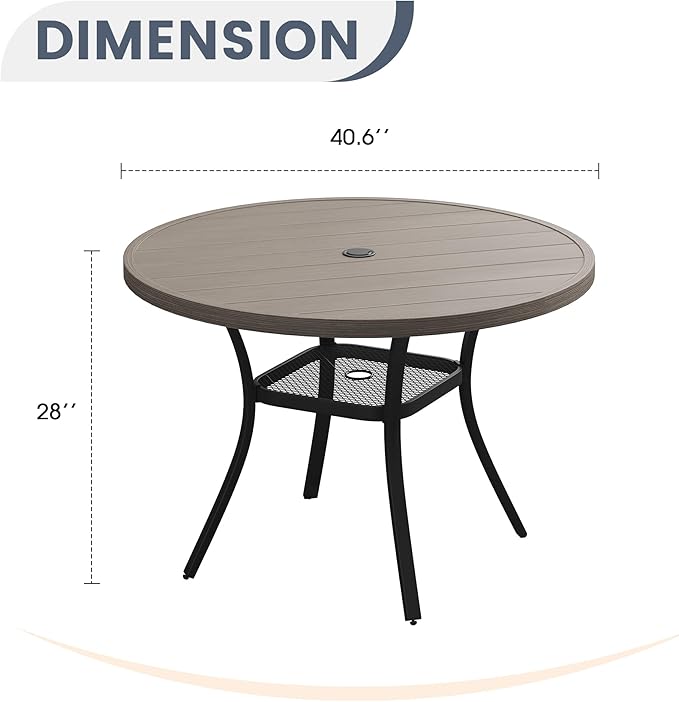 VICLLAX Round Patio Dining Table, 41 inch Metal Outdoor Dining Table with Umbrella Hole for Garden Lawn Balcony Deck,Grey