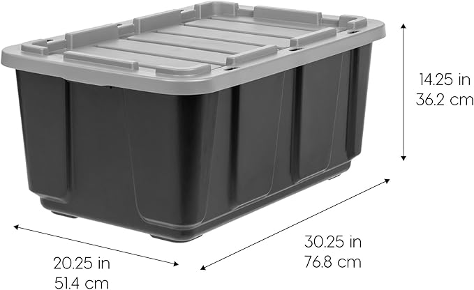 IRIS USA 4-Pack 27 Gallon Storage Bins with Lids |Made in USA| Heavy Duty Plastic Tote Containers for Truckbed Tool Box Organization, Large - Gray