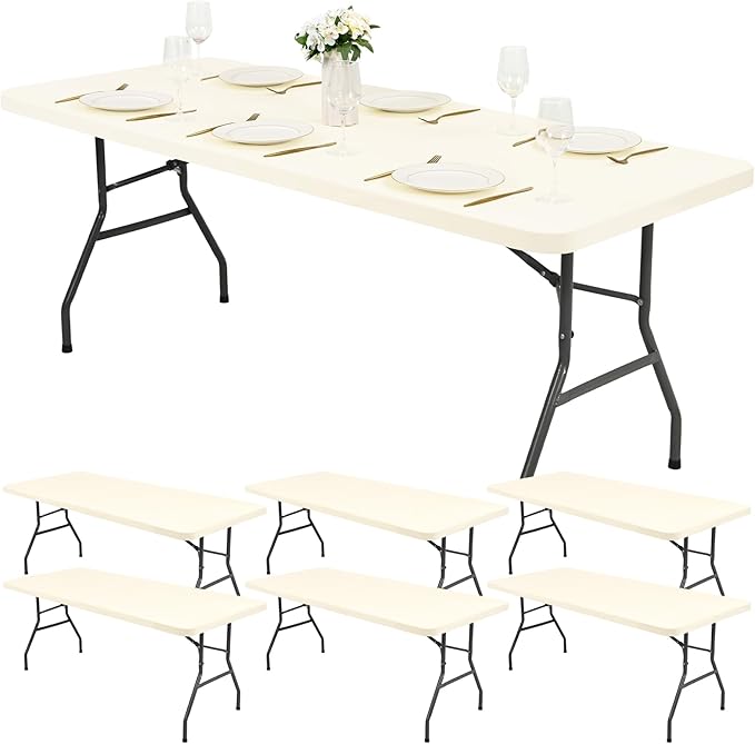 6 Pack Stretch Fabric Table Top Cap Cover, Ivory Table Covers fits 6Ft Tables, Washable Elastic Universal Rectangle Tablecloth Protector for Indoor Outdoor Party Picnic Wedding (30" W x 72" L)