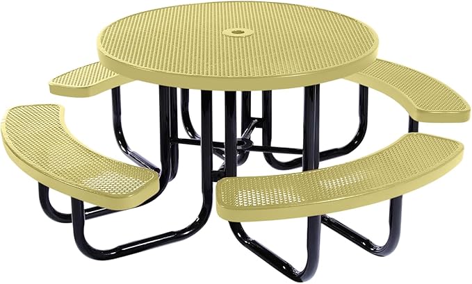 COATEDOUTDOORFURNITURE Heavy-Duty Portable Outdoor Picnic Table with Umbrella Hole, Punched Steel Commercial-Grade Patio Dining Furniture Made in America (46" Round Top, Textured Sandstone)