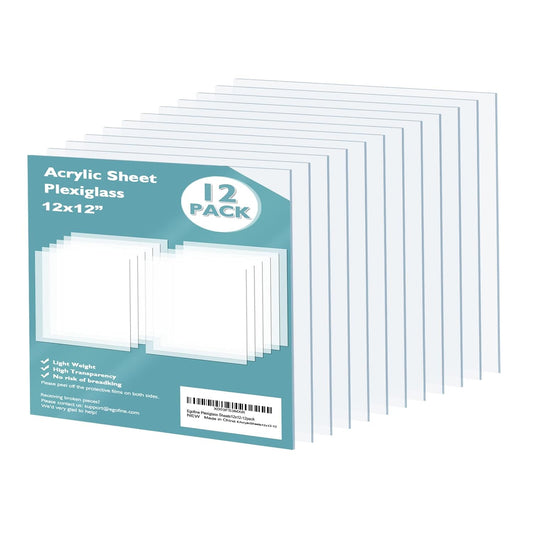 Egofine Plexiglass Sheets Acrylic Sheets 12 Pack of 12x12’’ 0.04 Thick Clear Plastic Cast Transparent Plexi Glass for Crafting Projects, Replacement Picture Frame Glass, DIY Display, Easy to Cut
