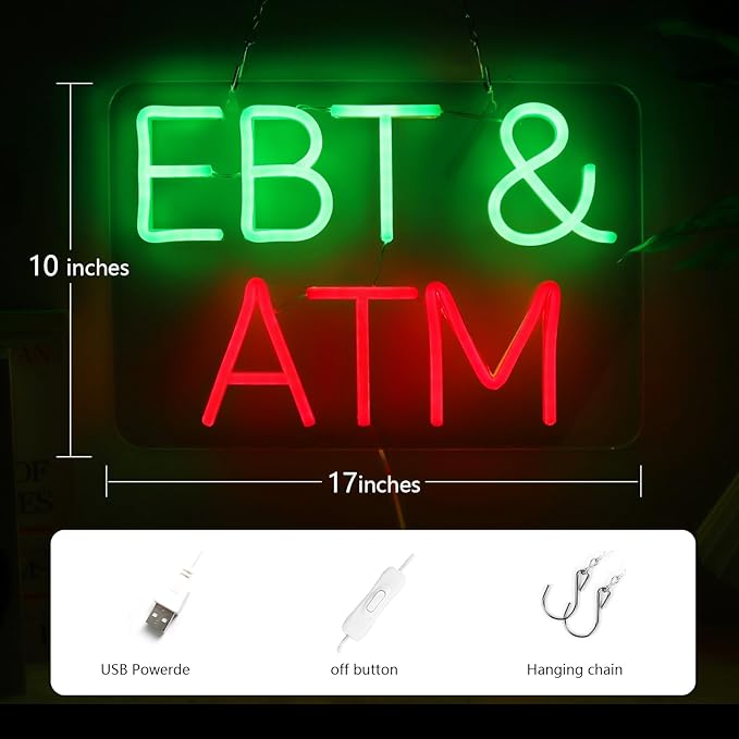 JFLLamp EBT&ATM Neon Signs for Wall Decor Neon Lights for Business Led Signs Suitable for Convenience Stores Supermarkets restaurant Office Bar Pub 5V Power Adapter 17.3 * 10.2 Inch(Green+ Red)