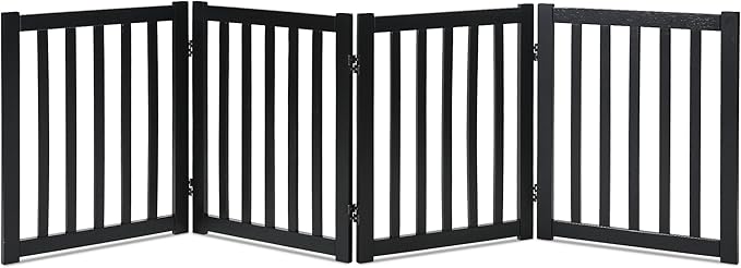 LZRS 4-Panel Wooden Free Standing Foldable Dog Gate Indoor – 24" High, Extra Wide Step-Over Safety Pet Gate for Doorways, Stairs, Hallways, Large Spaces & Playpen for Puppies Indoor Use, Black