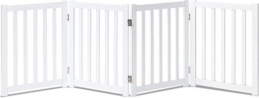 LZRS 4-Panel Wooden Free Standing Foldable Dog Gate Indoor – 24" High, Extra Wide Step-Over Safety Pet Gate for Doorways, Stairs, Hallways, Large Spaces & Playpen for Puppies Indoor Use, White