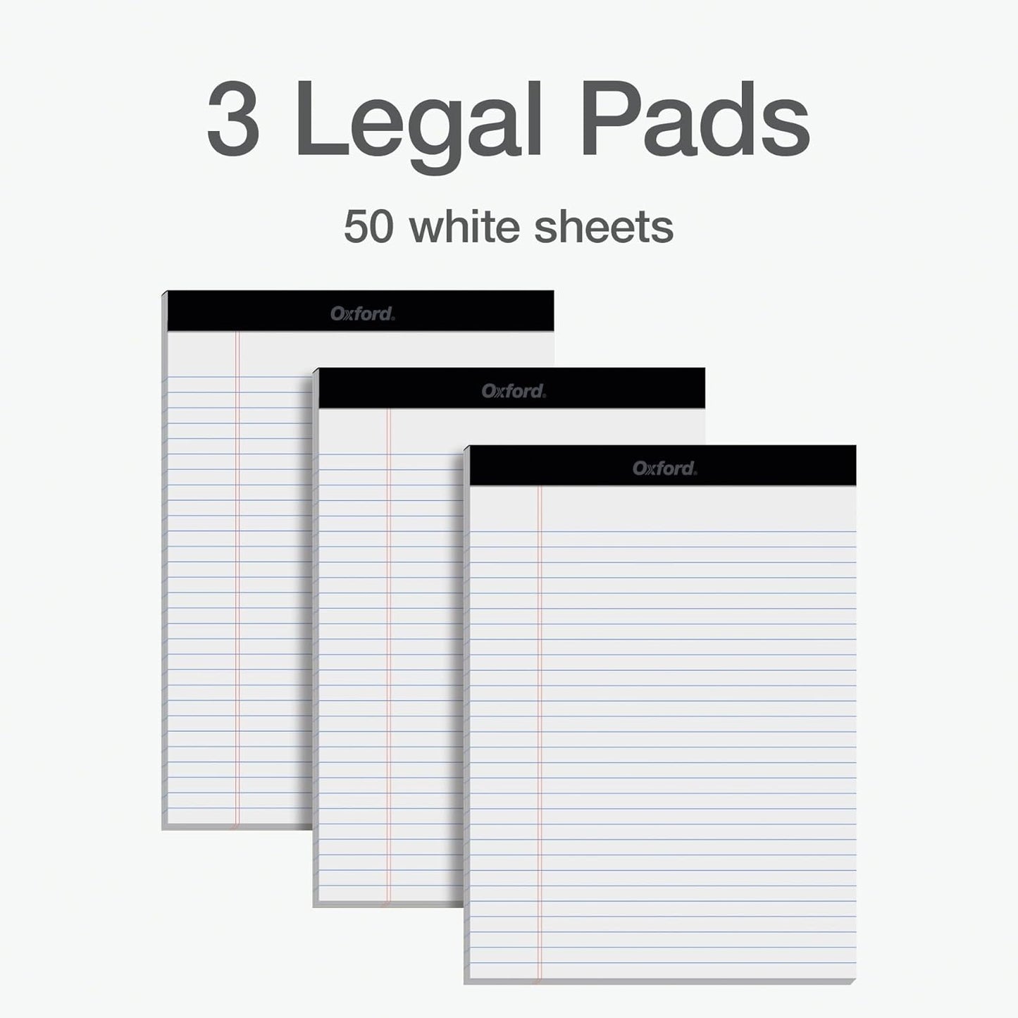 Oxford 8.5 x 11.75 Inch Legal Pads, 3 Pack, Wide Ruled on Both Sides, White Paper, 50 Perforated Sheets Per Writing Pad, Proudly Made in the USA (1017036)