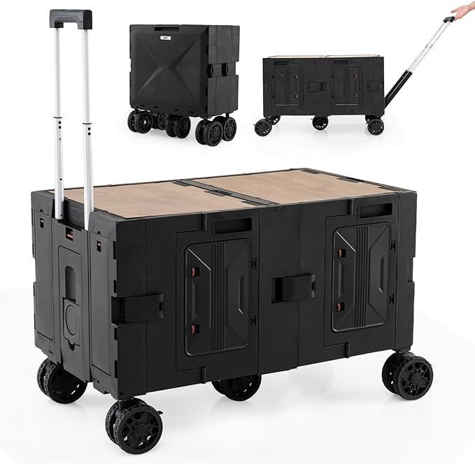 Goplus Large Foldable Utility Cart w/ 2-Tier Storage Crates, 5 Rotate Wheels, Metal Telescoping Handle, Portable Rolling Trolley Collapsible Cart for Grocery Shopping Camping & Travel