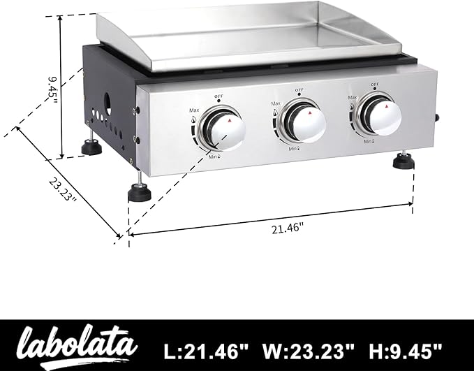 Portable Tabletop Gas Griddle Grill with Stainless Steel Griddle, Includes Dust Cover & Regulator, Perfect for Camping & Tailgating (3-Burner)