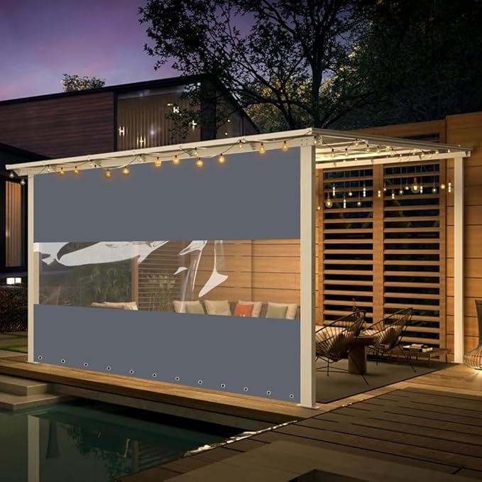 Covers & All Outdoor Clear Panel Curtain, 12 oz Vinyl Outdoor Curtains for Patio, Weather Resistant Waterproof Tarp with Brass Grommets for Pergola, Porch, Gazebos, Balcony (7'H x 4'W Feet, Gray)