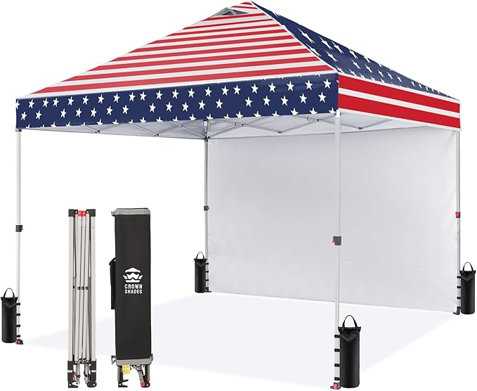 CROWN SHADES 10x10 Pop Up Canopy with 1 Side Wall - Beach Tent with One Push Setup - Outdoor Sun Shade for Events, Parties, Camping - Gazebo with STO-N-Go Cover Bag (American Flag)