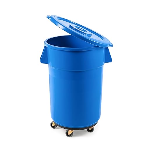 PRO&Family Commercial Round Trash Can with Lid and Dolly Rolling Waste Container, Ingredient Bin, Heavy-Duty Plastic, Anti-Static, Kitchen, Office, Outdoor Use (Blue, 44 Gallon)