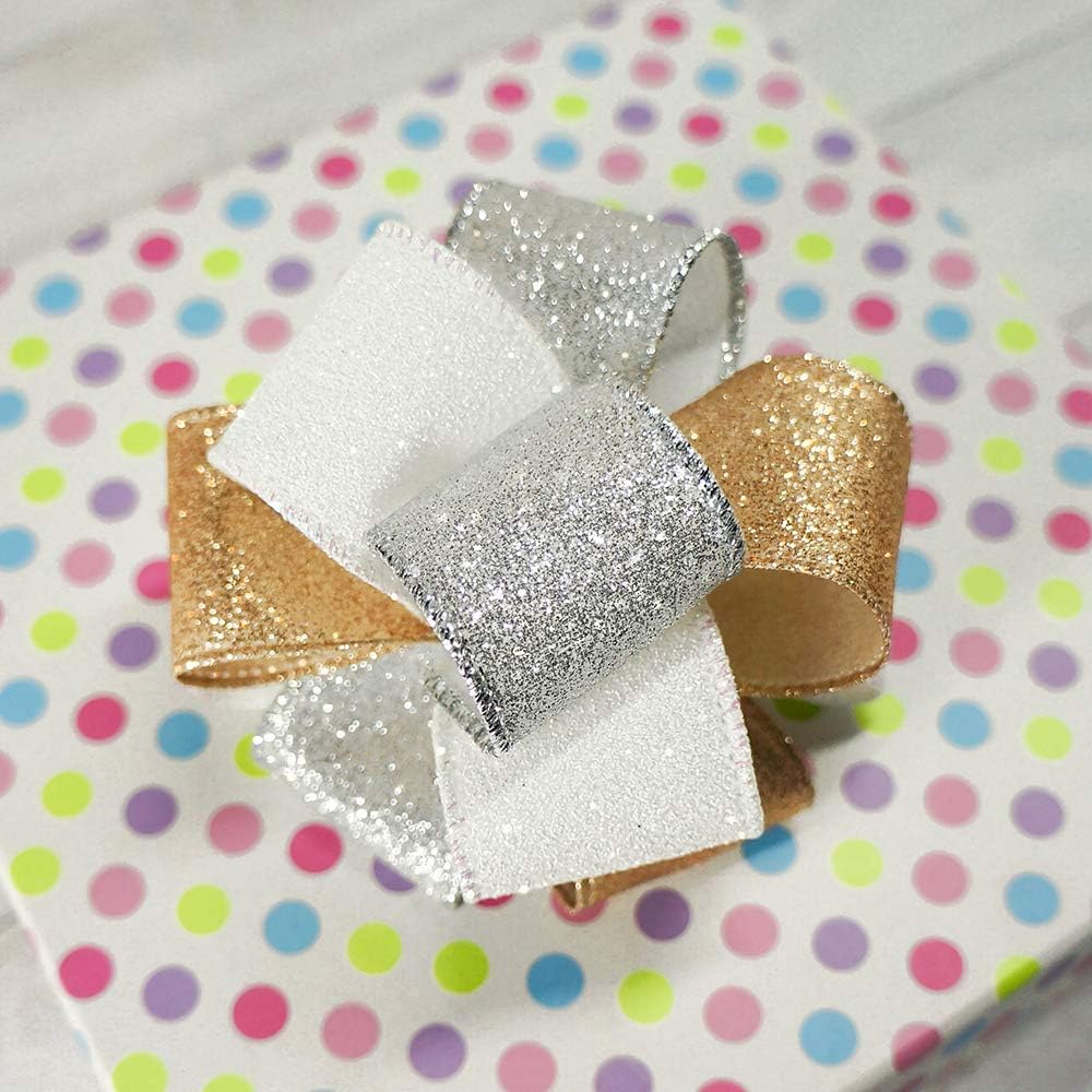 CT CRAFT LLC Glitter Wired Ribbon 1.5" x 10 Yards Silver for Christmas Home Decor Bow Gift Wrapping DIY Crafts Wreath