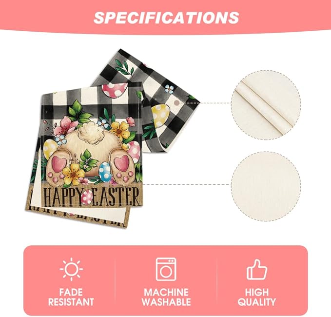 Artoid Mode Buffalo Plaid Bunny Egg Flowers Happy Easter Table Runner, Seasonal Spring Kitchen Dining Table Decor for Home Party Decor 13x48Inch