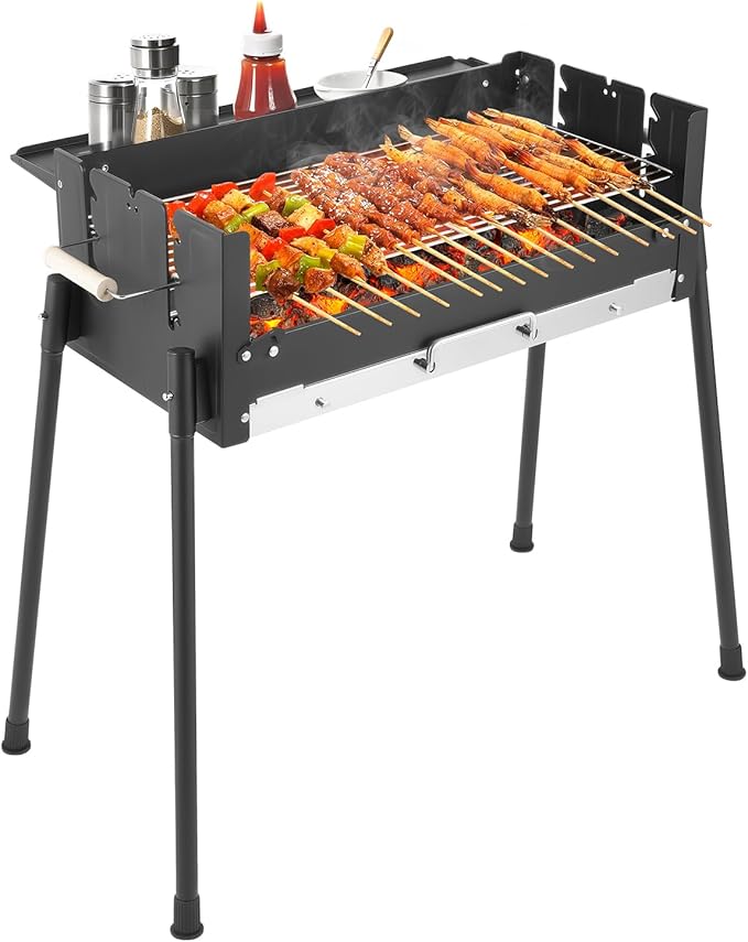 Portable Charcoal Grill, Stainless Steel Folding BBQ Grills w/Storage Shelf Outdoor Cooking Barbecue Grill Tool Kits for Garden Backyard Party Picnic Travel Outdoor Height Adjustable