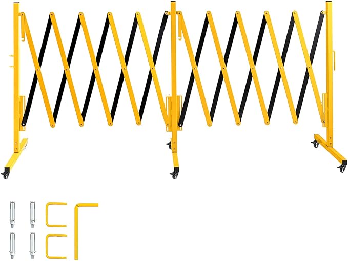 TECSPACE Industrial Expandable Metal Barricade, Expansion Size 16.4 FT, Yellow and Black,Durable Steel Safety Barricade with casters, Flexible Mobile Barrier Gate, Adjustable Traffic Fence