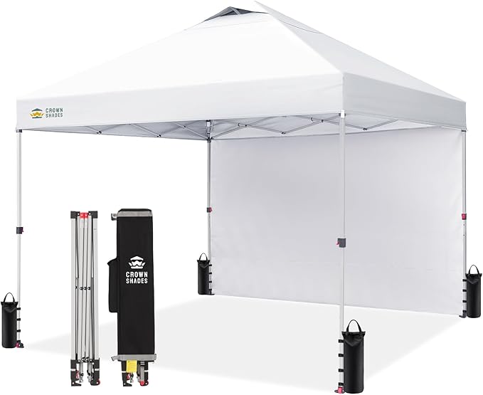 CROWN SHADES 12x12 Pop Up Canopy Tent Instant Commercial with 150D Silver Coated Fabric Including 1 Removable Sidewall, 4 Ropes, 8 Stakes, Weight Bags, STO 'N Go Bag, White