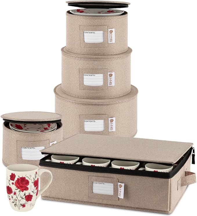 China Storage Hard Shell Containers 5-Piece Set Moving Boxes for Dinnerware, Glasses, Plates, Mugs and Saucers Sturdy Dish Organizer with Dividers for Seasonal Storage - Service for 12 - Brown