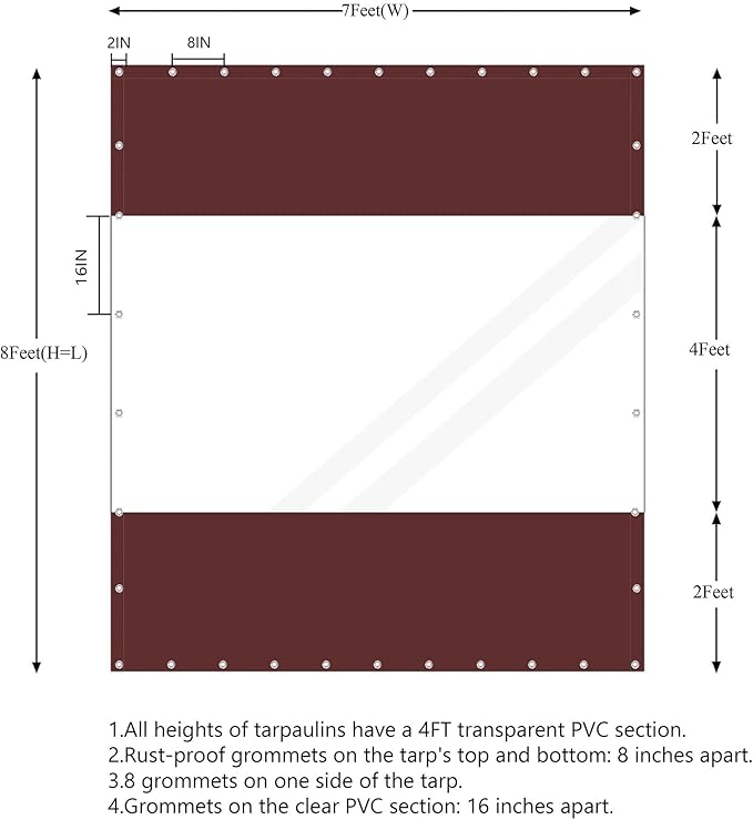 20 Oz Outdoor Vinyl Curtain, Outdoor Clear Panel Curtain, Weather Resistant Outdoor Curtain for Pergola, Porch, Gazebos, with Rustproof Grommets (8'H x 7'W, Brown)