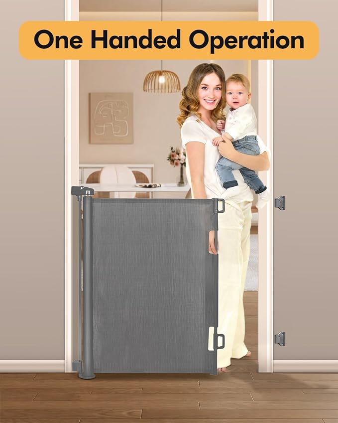 Retractable Baby Gate for Stairs & Doorways, 55" Wide x 33.6" Tall Easy Installation Mesh Dog Gate for Indoor & Outdoor Use,Pet and Dog Safety Gate for Hallways(Grey)