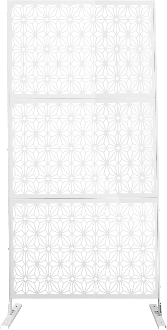 75" H×35" W Decorative Outdoor Privacy Screen with Stand, Outdoor Decor Privacy Fence Screen Metal Fence Panels, Free Standing Metal Divider for Patio Lawn Deck (White-Small Snowflake)