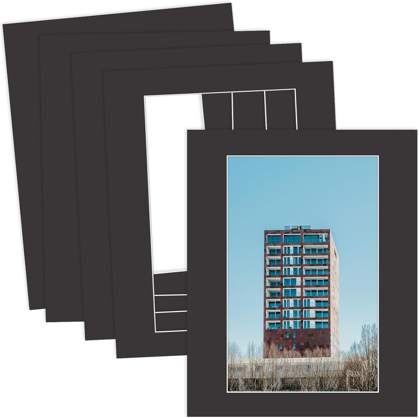 MBC Mat Board Center, 5 Pack 16x20 for 11x17 Black Picture Mats Frame Mattes, Bevel Cut, Acid Free, 4-ply Thickness