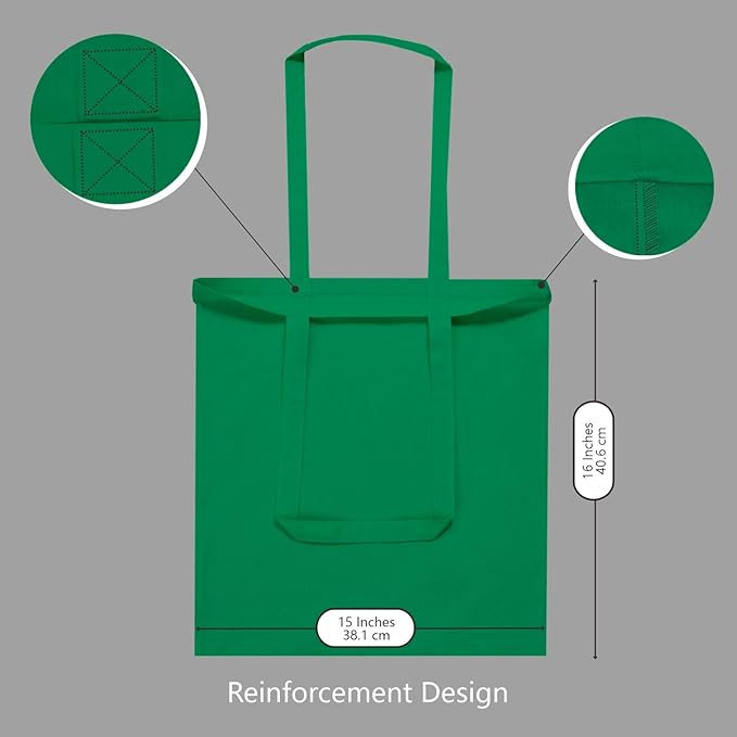 TOPDesign 24-Pack Economical 16"x15" Kelly Green Cotton Tote Bag, Lightweight Medium Reusable Grocery Shopping Cloth Bags, Suitable for DIY, Advertising, Promotion, Gift, Activity