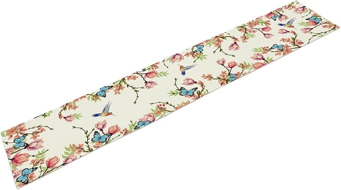 Spring Flower Table Runner, Seasonal Rustic Garden Flowers Bird Butterfly Print Table Runner for Home Kitchen Table Decor, 13x90inch