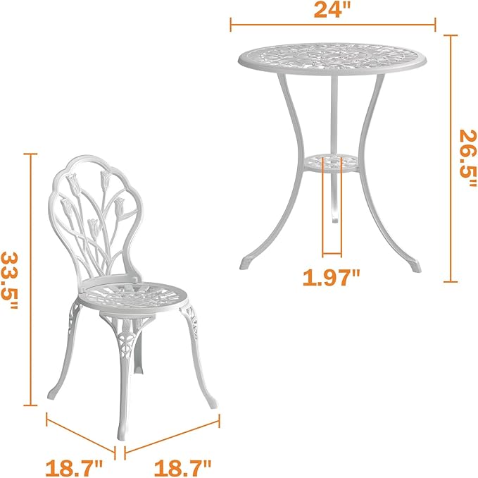 Outdoor Bistro Table and Chairs Set of 2, 3 Piece Patio Bistro Set w/Umbrella Hole, Rust-Resistant Cast Aluminum Bistro Set for Garden/Balcony/Backyard, White