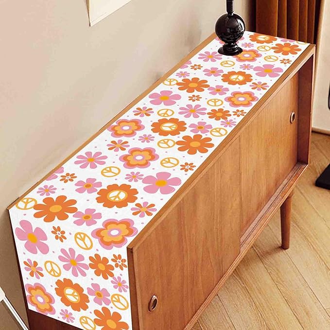 Groovy Floral Table Runner, Retro 70s Hippie Floral Funky Pink Cute Flower Trippy Coffee Table Center Decor for Home Kitchen Dining Patio Holiday Party Indoor Outdoor Table Decorations, 13"x90" Inch