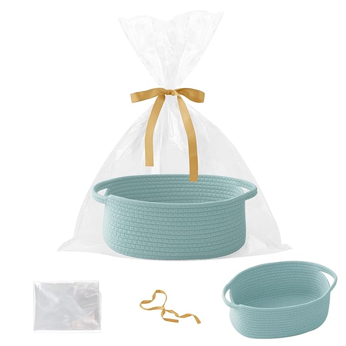Gift Basket with Gift Bag and Ribbons,Small Rope Woven Shelf Storage,Baskets for Gifts Empty,Birthday,Baby Shower,Decorative Organizer Box with Handles(Aqua)