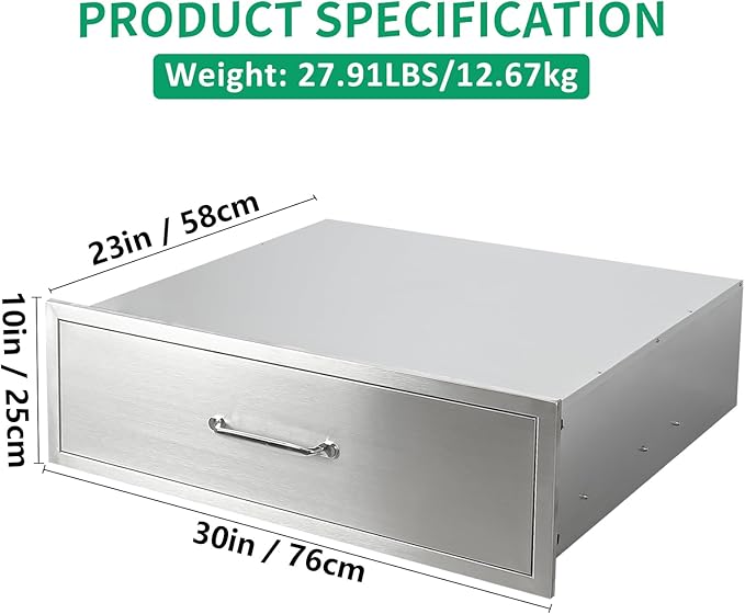 Outdoor Kitchen Drawers 30" W x 10" H x 23" D Stainless Steel Single Drawers with Ergonomic Handle for BBQ Island, Patio Grill Station & Outdoor Kitchen Cabinets
