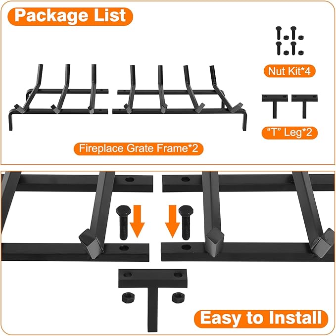 FEED GARDEN Fireplace Grate 30 inch Heavy Duty Fireplace Log Holder, 1/2" Solid Steel Bar Fire Pit Grate for Indoor Outdoor, Wood Stove Fireplace Accessories Wrought Iron Firewood Burning Rack