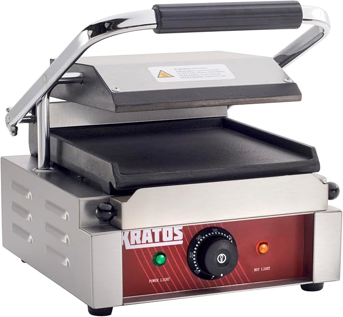 Kratos Commercial Electric Panini Sandwich Grill with Smooth Plates, 9" x 9" Cooking Surface, Commercial Countertop Panini Press, 120V, 1750W (29Y-018)