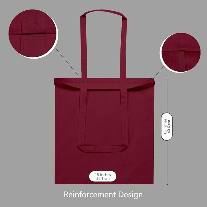 TOPDesign 6-Pack Economical 16"x15" Burgundy Cotton Tote Bags, Lightweight Medium Reusable Grocery Shopping Cloth Bags, Suitable for DIY, Advertising, Promotion, Gift, Activity
