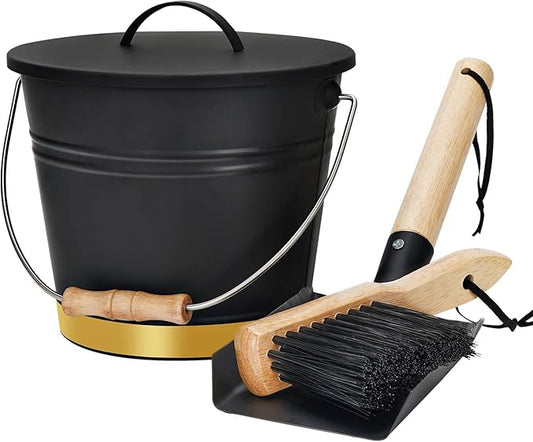 Mini Ash Bucket with Lid,Shovel & Hand Broom,Galvanized Steel Metal Charcoal Container, Coal Bucket with Handle,Tool Set Accessories for Fireplace Indoor & Outdoor, Fire Pit, Wood Burning Stove.Golden